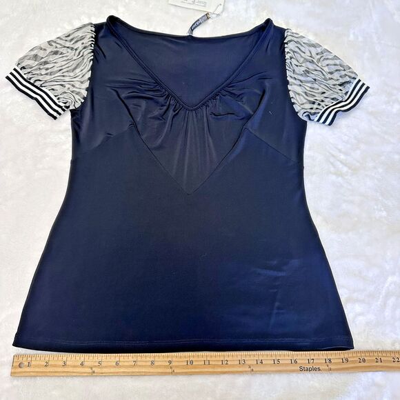 Pianurastudio Women's Black Chiffon Puff Sleeves V-Neck Blouse Top Sz 12/48 - Picture 12 of 12
